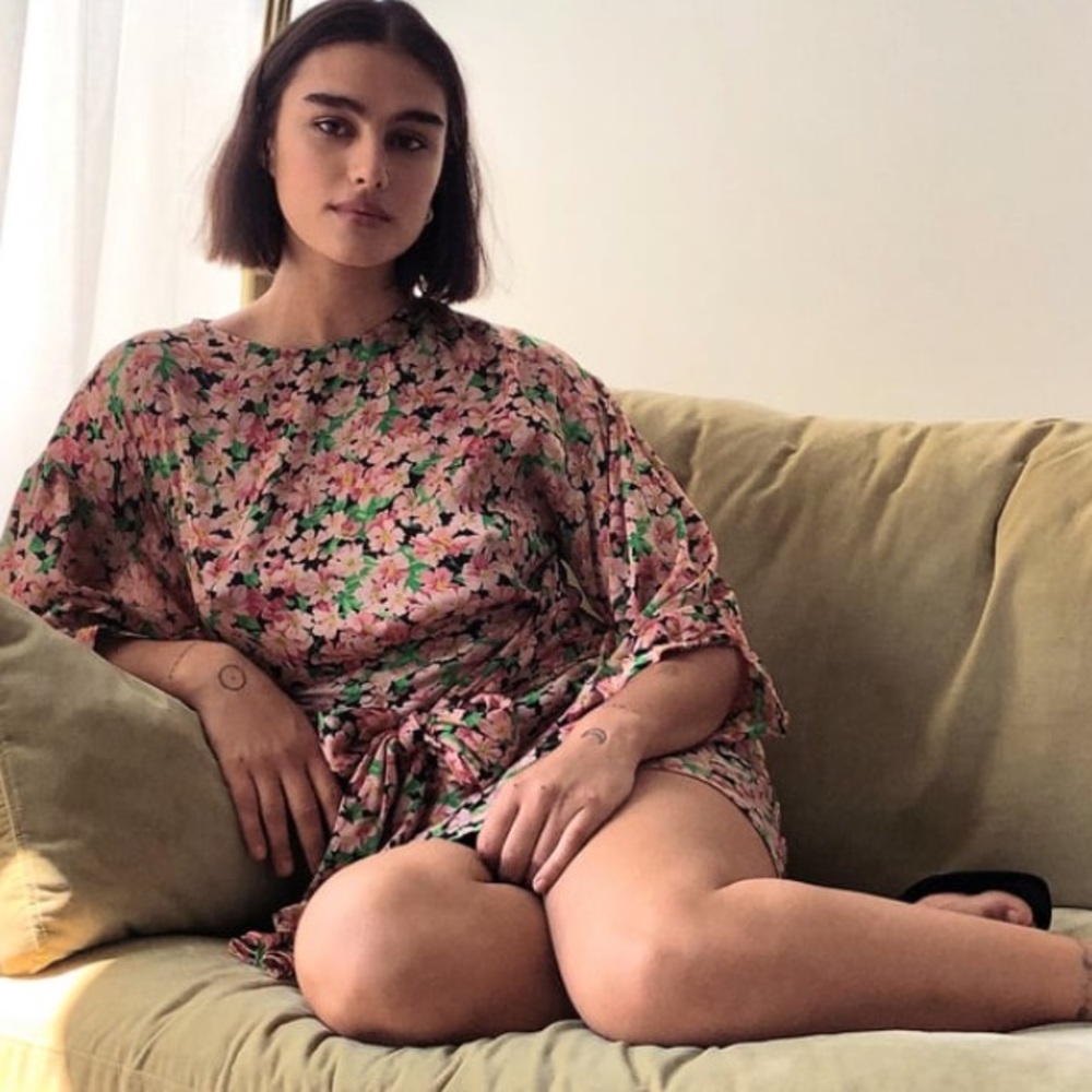 Zara xs printed floral dress with draping pink